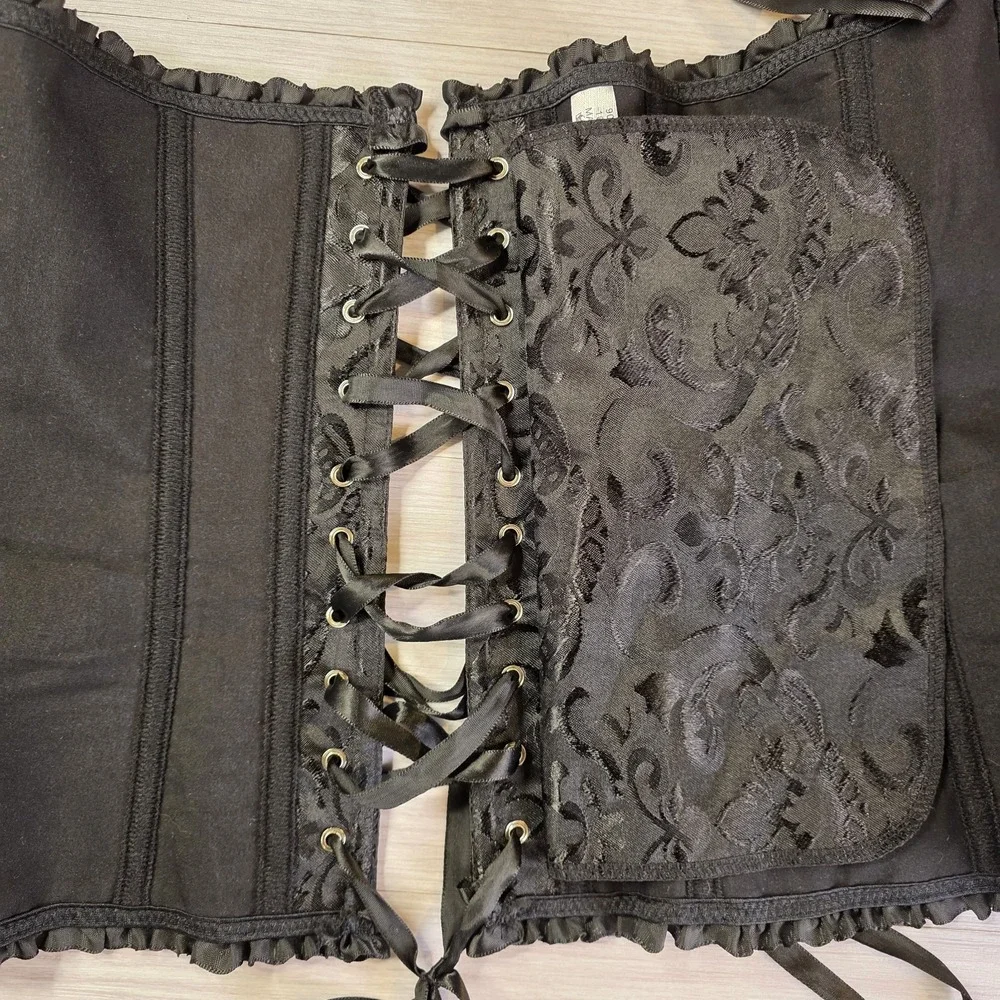 Black Lace-Up Corset Bustier Boned Gothic Steampunk Ruffle Trim Size M Victorian